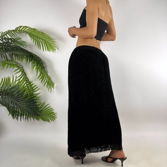 Vintage 90s Black Velvet Whimsygoth Fairy Grunge Low Rise Boho Maxi Skirt / L - Picture 2 of 7